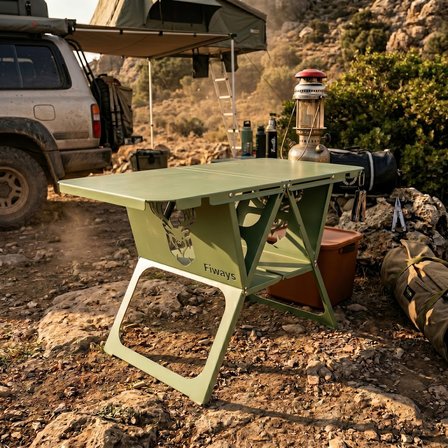 FiWays AXIS™ V2 Haki Metal Kamp Masası, 1mm Çelik Gövde, Profesyonel Katlanır Çantalı Outdoor Sehpa 
