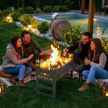 Kamp Ayısı® CastleGrill™ 2mm Galvaniz Çelik, Katlanır, 13 Şiş Kapasiteli Şiş Mangalı ve Ateş Çukuru 