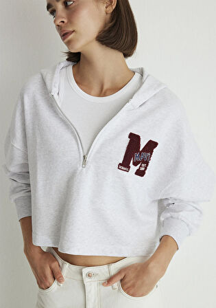 M Patchli Yarı Fermuarlı Gri Sweatshirt 1S10163-85438