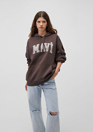 Mavi Logo Baskılı Kapüşonlu Kahverengi Sweatshirt 1600361-70222