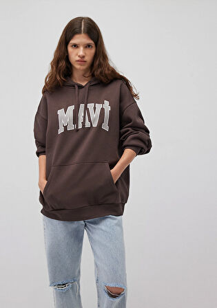 Mavi Logo Baskılı Kapüşonlu Kahverengi Sweatshirt 1600361-70222