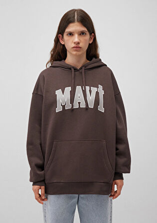 Mavi Logo Baskılı Kapüşonlu Kahverengi Sweatshirt 1600361-70222