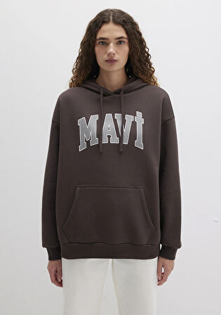 Mavi Logo Baskılı Kapüşonlu Kahverengi Sweatshirt 1600361-70222