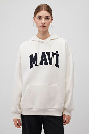 Kadın Logo Nakışlı Kapüşonlu Oversize Sweatshirt - Beyaz | S