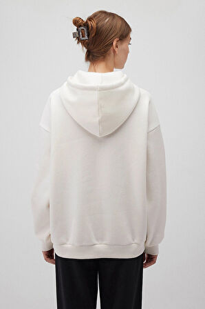 Kadın Logo Nakışlı Kapüşonlu Oversize Sweatshirt - Beyaz | S