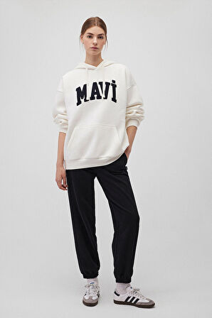 Kadın Logo Nakışlı Kapüşonlu Oversize Sweatshirt - Beyaz | S