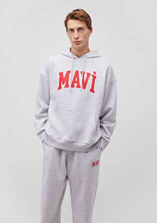 Mavi Logo Baskılı Kapüşonlu Gri Sweatshirt 067149-85438