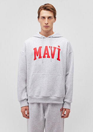 Mavi Logo Baskılı Kapüşonlu Gri Sweatshirt 067149-85438