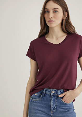 V Yaka Bordo Basic Viskoz Tişört 167714-70393