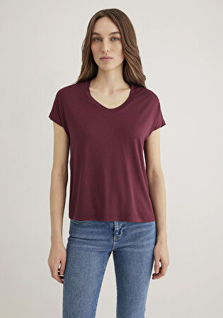 V Yaka Bordo Basic Viskoz Tişört 167714-70393