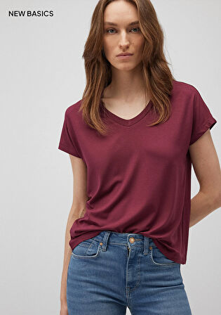 V Yaka Bordo Basic Viskoz Tişört 167714-70393