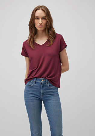 V Yaka Bordo Basic Viskoz Tişört 167714-70393