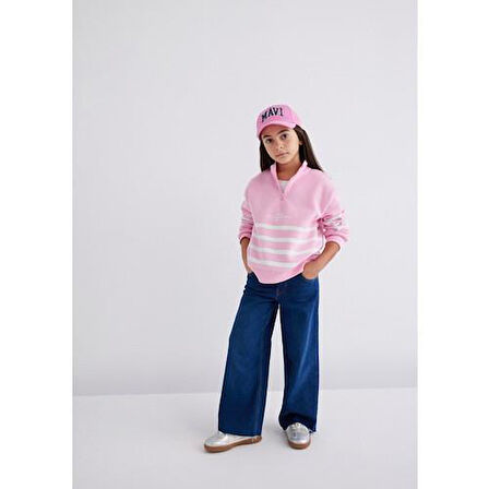 YARI FERMUARLI ÇİZGİLİ SWEATSHIRT