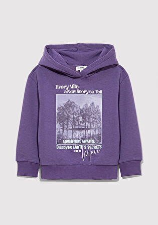 Kapüşonlu Baskılı Mor Sweatshirt 7S10054-88135