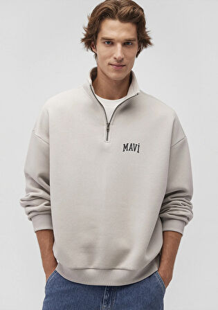 Mavi Logo Baskılı Yarı Fermuarlı Gri Sweatshirt 0S10208-70074