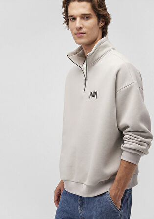 Mavi Logo Baskılı Yarı Fermuarlı Gri Sweatshirt 0S10208-70074