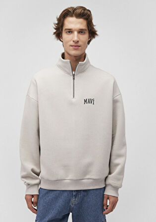 Mavi Logo Baskılı Yarı Fermuarlı Gri Sweatshirt 0S10208-70074