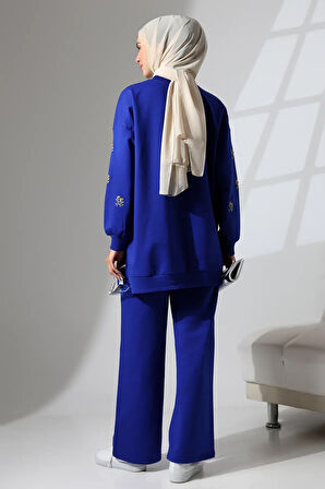 Kadın Saks Mavisi Mevsimlik Penye Alt Üst Spor ve Rahat Tesettür Takım