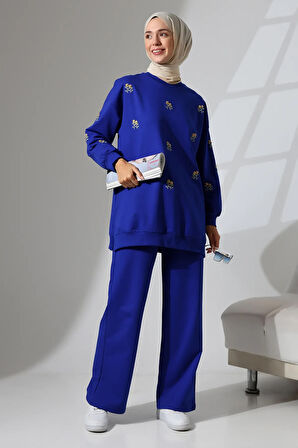 Kadın Saks Mavisi Mevsimlik Penye Alt Üst Spor ve Rahat Tesettür Takım
