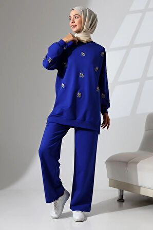 Kadın Saks Mavisi Mevsimlik Penye Alt Üst Spor ve Rahat Tesettür Takım