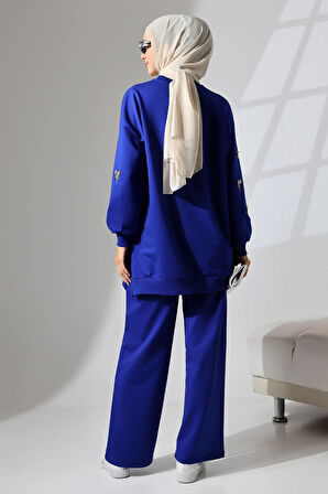 Kadın Saks Mavisi Mevsimlik Penye Alt Üst Spor ve Rahat Tesettür Takım