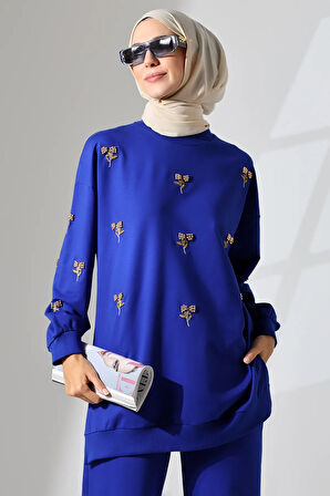 Kadın Saks Mavisi Mevsimlik Penye Alt Üst Spor ve Rahat Tesettür Takım