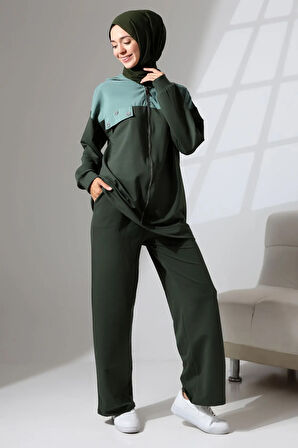 Kadın Haki Yeşili Mevsimlik Penye Alt Üst Spor ve Rahat Tesettür Takım