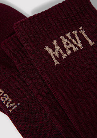 Mavi Logo Baskılı Bordo Soket Çorap 0911160-85347