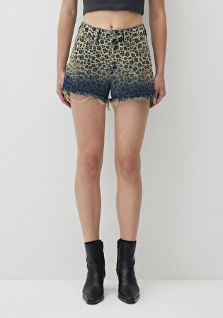 Rosie 90s Indigo Degrade Leopar Desenli Jean Şort 1447488289