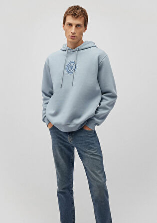 M Logo Baskılı Kapüşonlu Mavi Sweatshirt 0S10192-80796