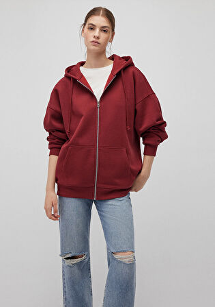Kapüşonlu Fermuarlı Bordo Sweatshirt 1610221-85493