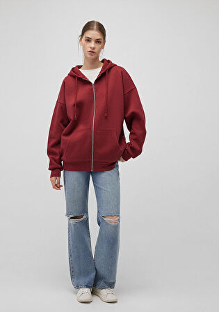 Kapüşonlu Fermuarlı Bordo Sweatshirt 1610221-85493