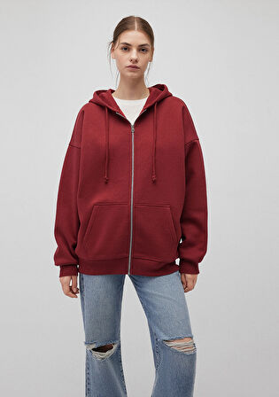 Kapüşonlu Fermuarlı Bordo Sweatshirt 1610221-85493
