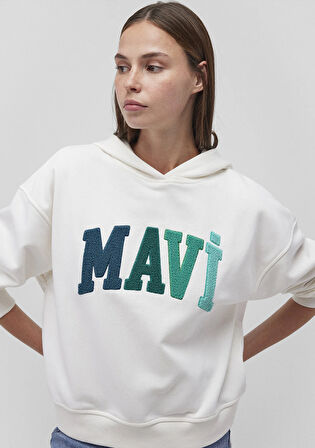 Mavi Logo Baskılı Kapüşonlu Beyaz Sweatshirt 1S10180-70057