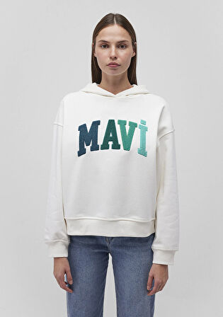 Mavi Logo Baskılı Kapüşonlu Beyaz Sweatshirt 1S10180-70057