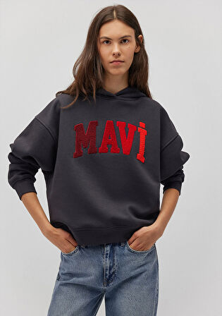 Mavi Logo Baskılı Kapüşonlu Antrasit Sweatshirt 1S10180-70087