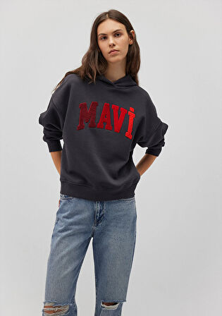 Mavi Logo Baskılı Kapüşonlu Antrasit Sweatshirt 1S10180-70087