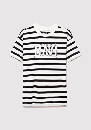 Mavi Logo Baskılı Siyah Çizgili Tişört 6610251-84041