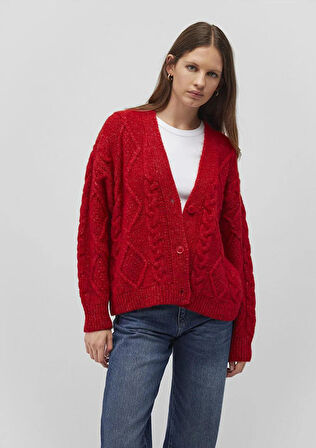 Mavi Düğmeli Kırmızı Kadın Hırka M1710587-84182