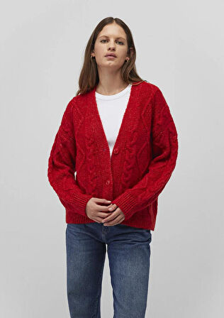 Mavi Düğmeli Kırmızı Kadın Hırka M1710587-84182