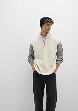 Yarı Fermuarlı Dik Yaka Beyaz Kazak 0710263-70057