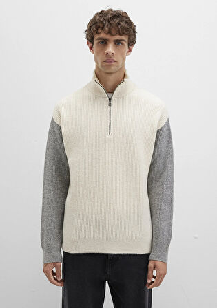 Yarı Fermuarlı Dik Yaka Beyaz Kazak 0710263-70057