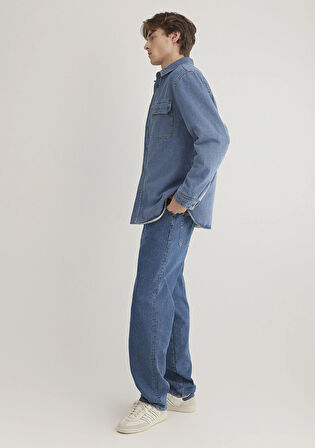 Jeremy Classic Denim Süni Kürklü Indigo Mavisi Jean Gömlek 0211186-88559
