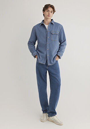 Jeremy Classic Denim Süni Kürklü Indigo Mavisi Jean Gömlek 0211186-88559