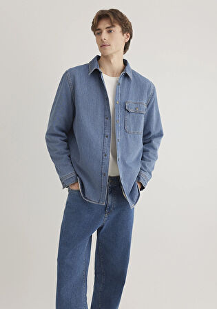 Jeremy Classic Denim Süni Kürklü Indigo Mavisi Jean Gömlek 0211186-88559