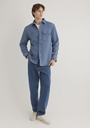 Jeremy Classic Denim Süni Kürklü Indigo Mavisi Jean Gömlek 0211186-88559