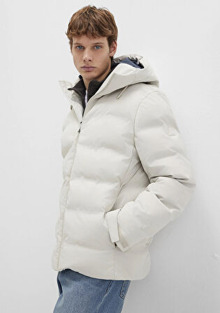 Su İtici Kapüşonlu Ekru Şişme Mont 0110313-70144