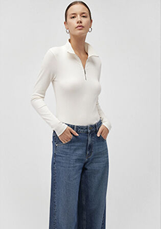 Yarı Fermuarlı Beyaz Tişört 1612869-80194