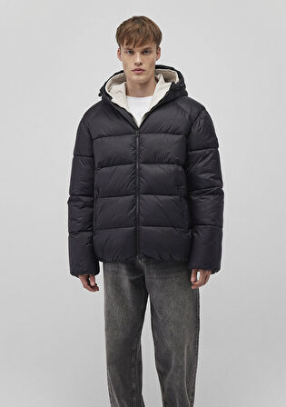 Kapüşonlu Boxy Fit Siyah Şişme Mont 0110581-900