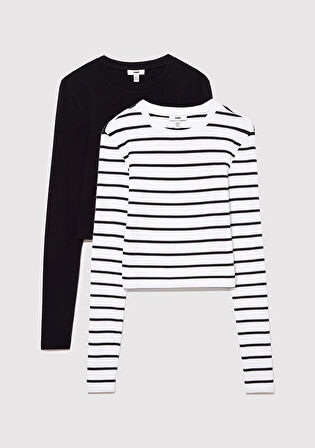 2li Uzun Kollu Crop Basic Tişört 1613021-900